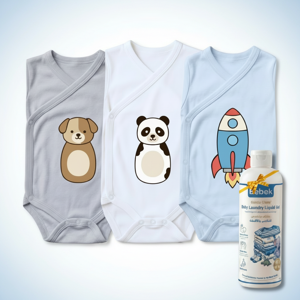 Three baby wrap bodysuits in light gray, white, and light blue are displayed side-by-side, each featuring a cute cartoon animal graphic (a dog, a panda, and a rocket ship). A bottle of Eesbek Baby Laundry Liquid San is shown in the bottom right corner on a neutral baby blue background.