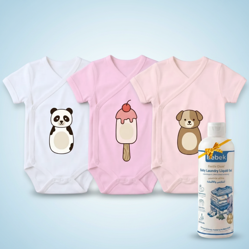 Three baby wrap bodysuits in white, pink, and light pink, each printed with a cute cartoon graphic (panda, ice cream cone, and puppy), displayed next to a bottle of Eebek Baby Laundry & Liquid Gel on a neutral baby blue background.