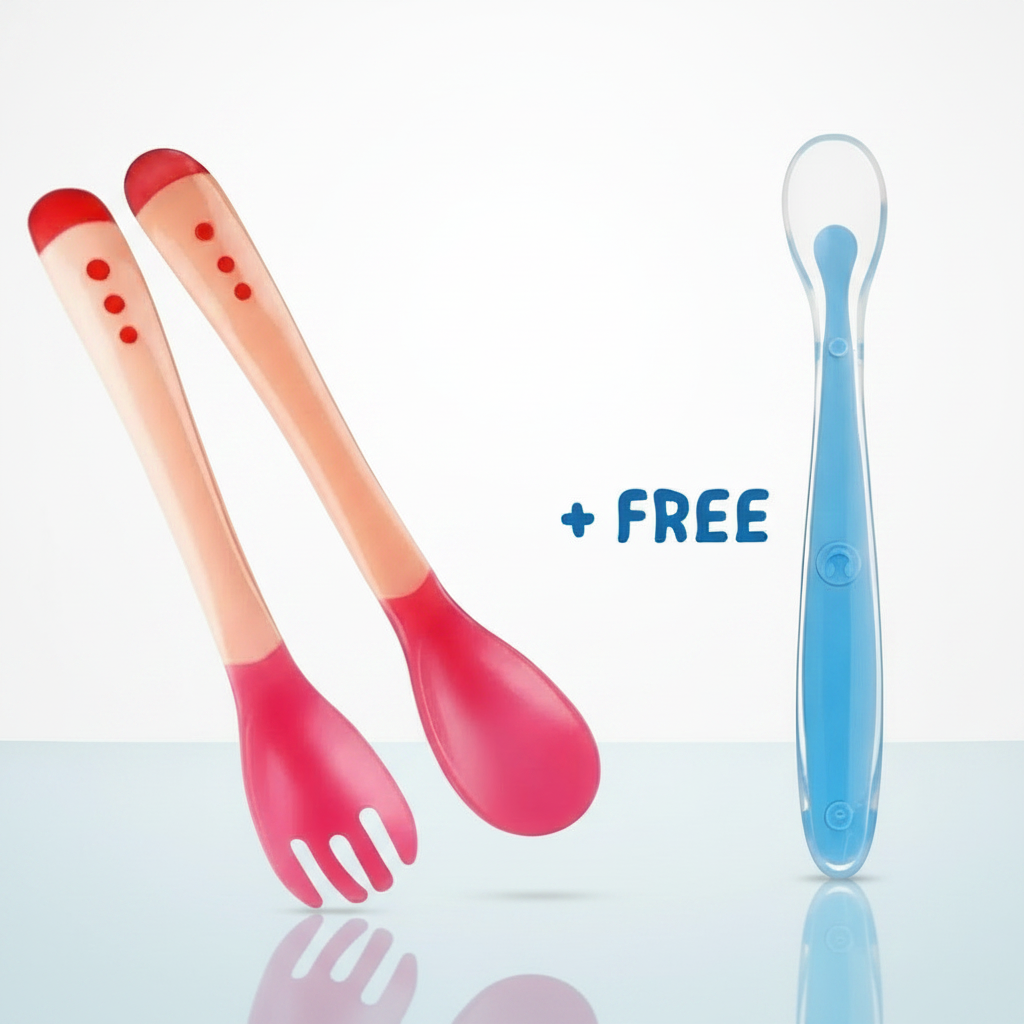Two pink utensils with red ends and a blue spoon on a white background