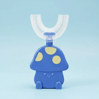 Blue and white dental device with cartoonish design on a white background