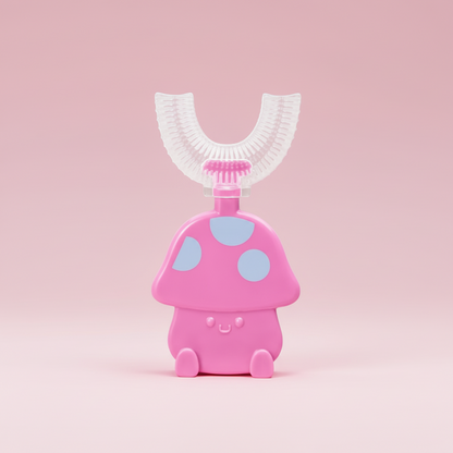 Pink and white cartoon-like dental device on a white background