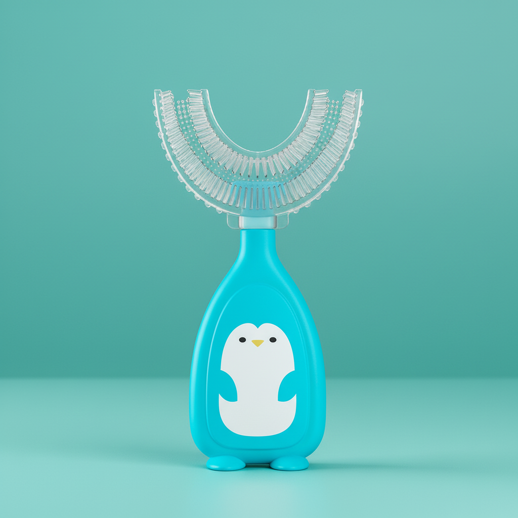 Teal dental tool with penguin design on a white background