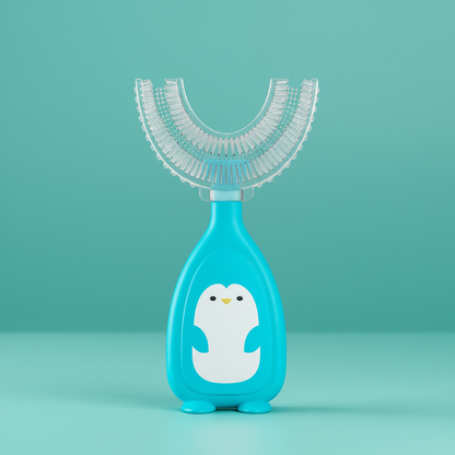 Teal dental tool with penguin design on a white background