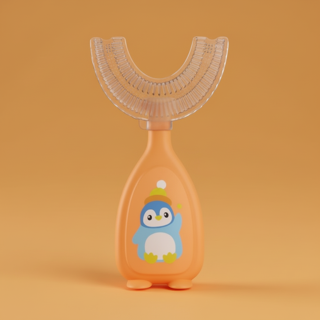 Orange children's toothbrush with a penguin design on a gray background