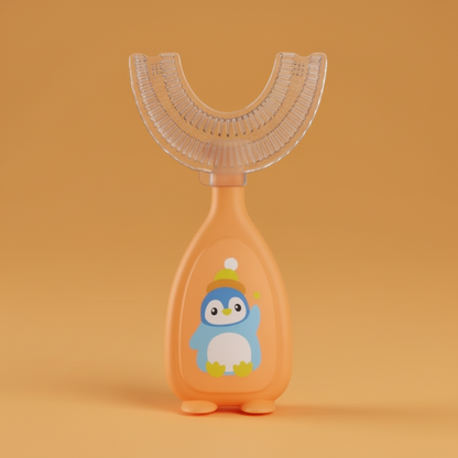 Orange children's toothbrush with a penguin design on a gray background