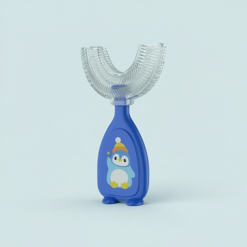 Blue and clear children's dental device with a penguin design on a white background