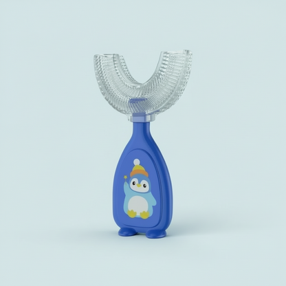 Blue and clear children's dental device with a penguin design on a white background