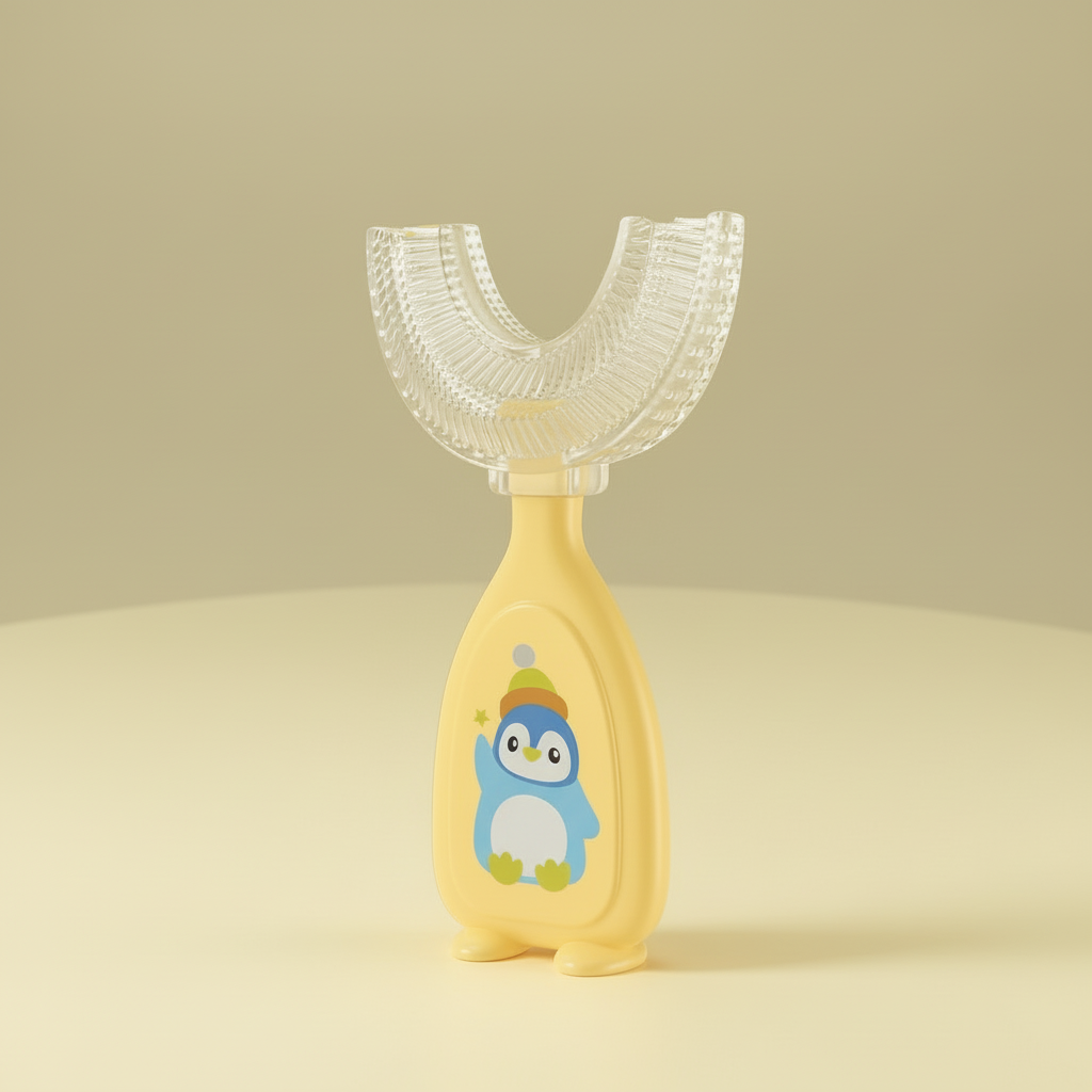 Yellow and clear children's toothbrush with a penguin design on a gray background