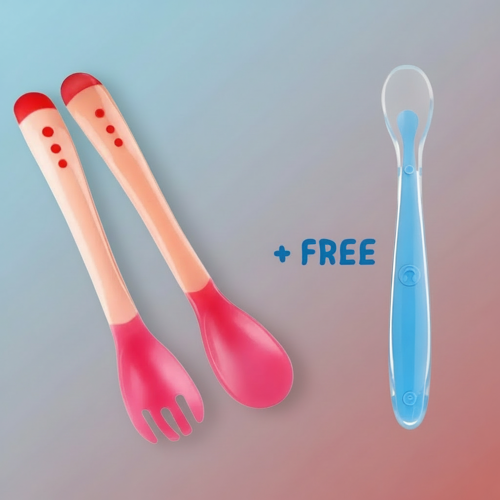 Two pink utensils with red ends and a blue spoon on a white background